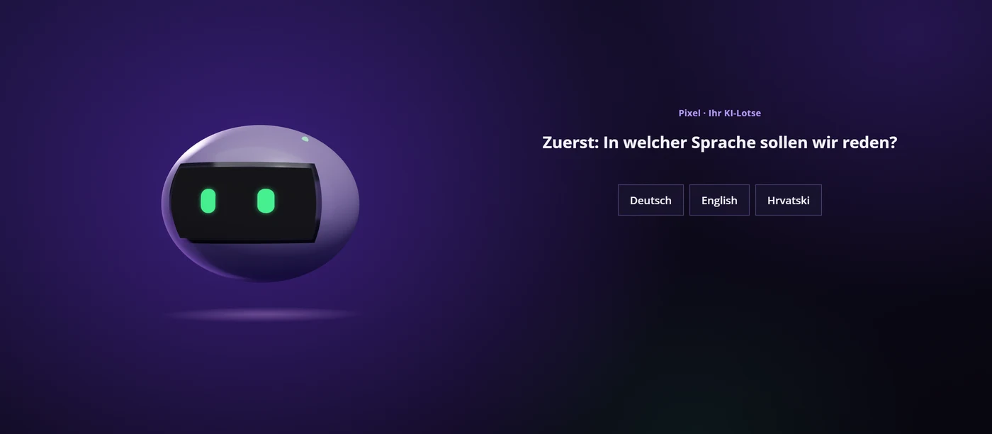 Pixel, der KI-Berater von LocalDev.ai, fragt: In welcher Sprache sollen wir reden?