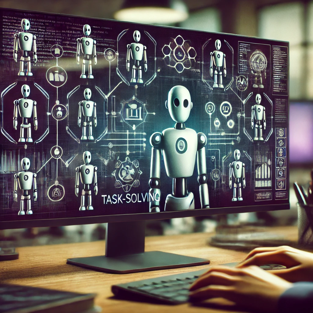 Photorealistic image of a computer screen displaying robots assigned to different tasks, symbolizing AI agents handling data analysis, web search, and database queries.