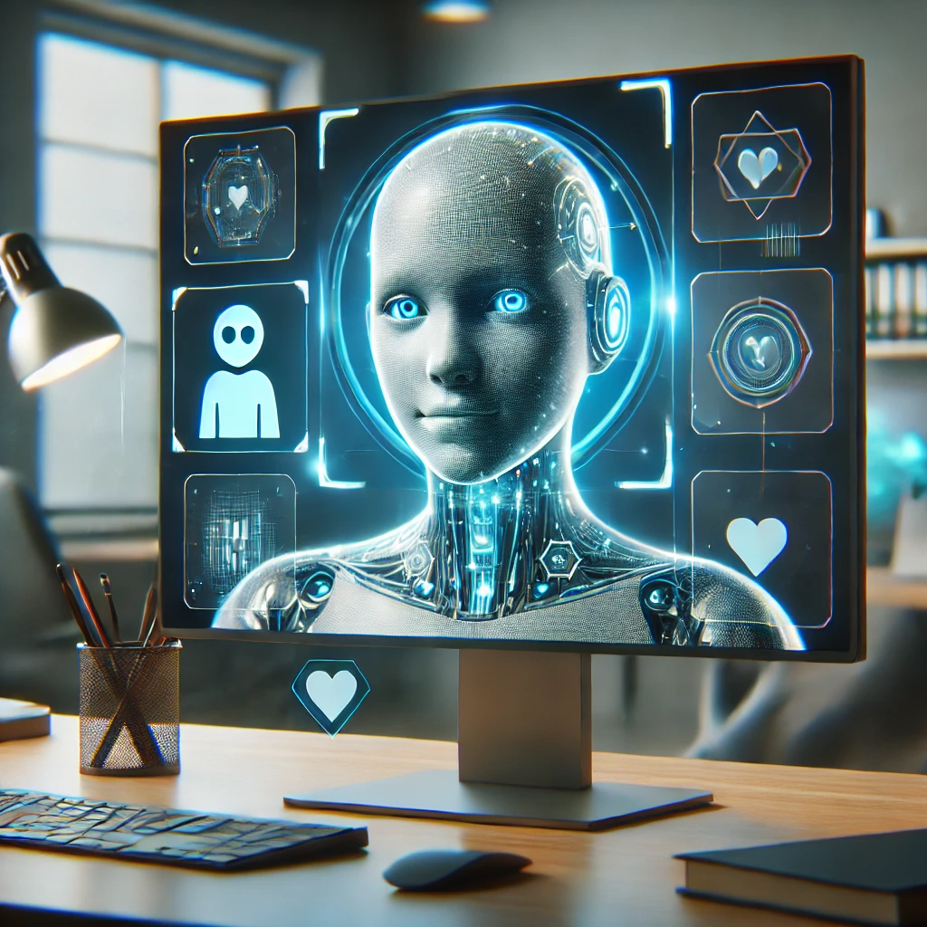 Photorealistic image of a digital avatar on a computer screen, displaying subtle AI features, with holographic icons symbolizing interaction and communication.