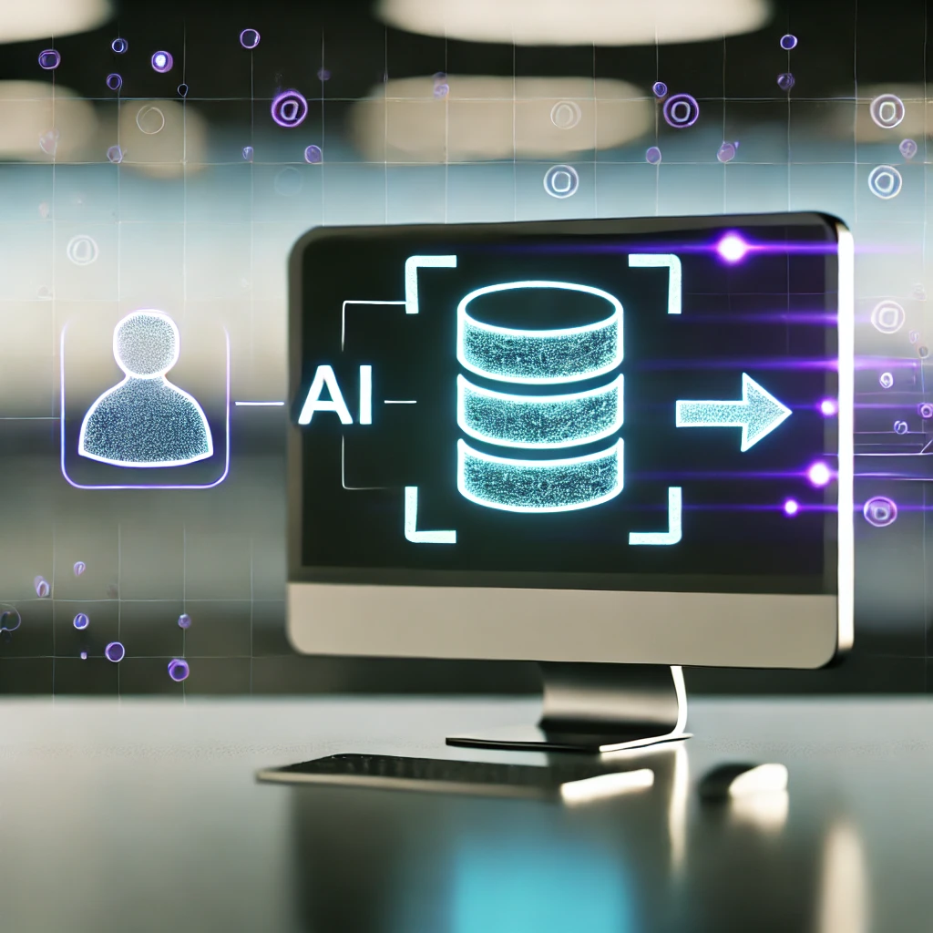 Photorealistic image showing an AI interface sending and receiving data from a database, with holographic icons symbolizing secure data processing.