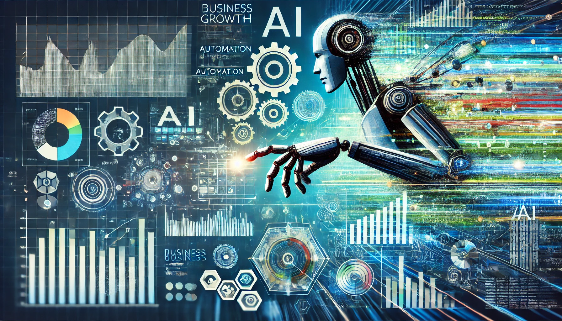 A digital illustration depicting a modern business environment where AI solutions automate key processes, symbolizing growth and innovation.