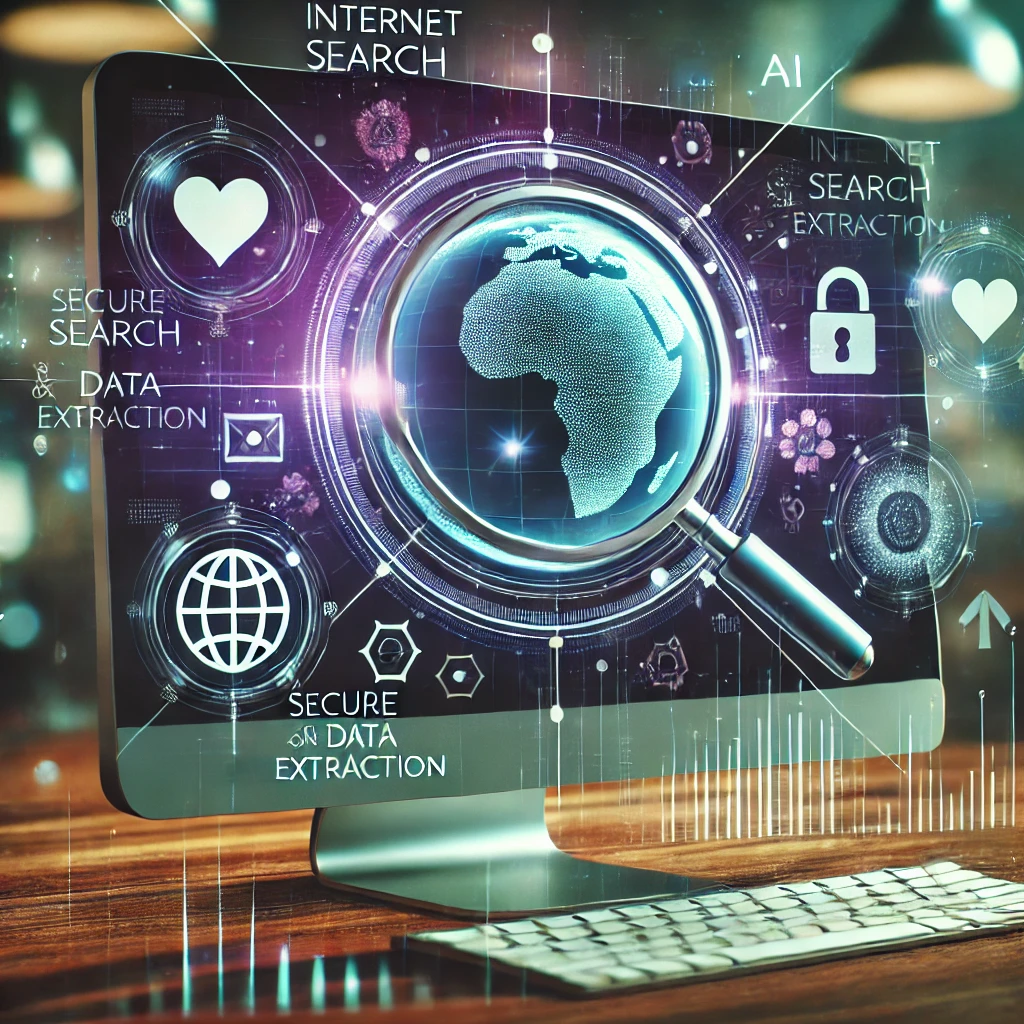 Photorealistic image of a computer screen showing symbols for internet search and data extraction, with holographic icons for secure data processing.