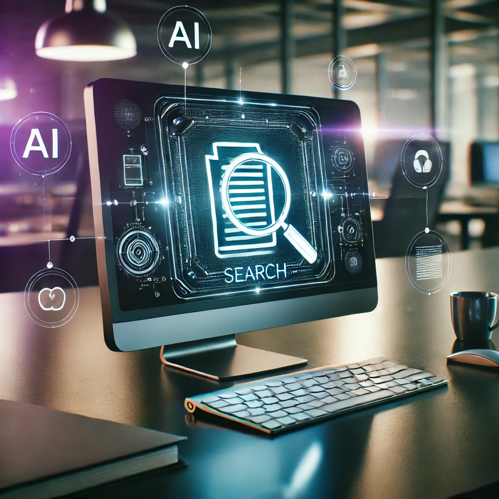 "Photorealistic image of a computer screen displaying an AI-driven information search interface with a magnifying glass over a document, surrounded by holographic data processing icons, in a modern office setting."