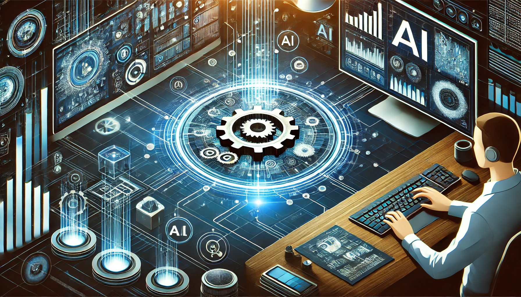 A digital illustration depicting a modern workspace showcasing the concept of automation and efficiency in AI solutions. The image features gears, circuits, and data flow graphics to symbolize streamlined operations and enhanced decision-making.